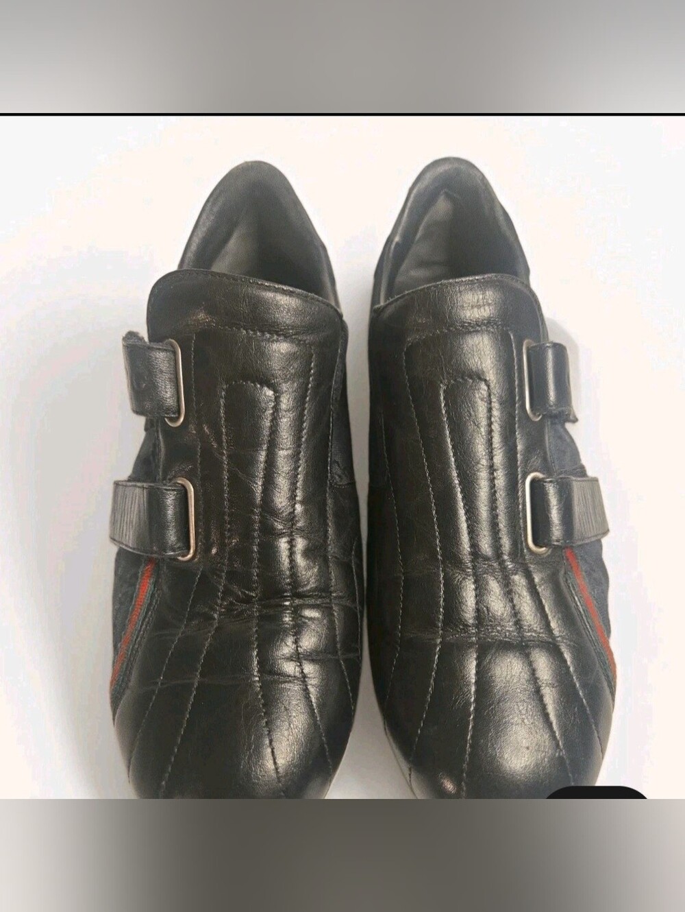 Gucci Black Leather Double-Strap Slip-On Loafers with Red Accent